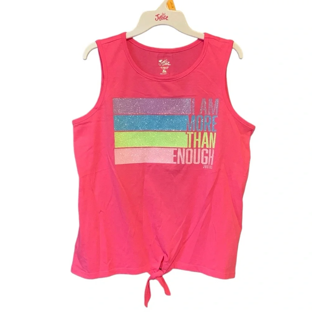Justice Girls Pink “I Am More Than Enough” Glitter Graphic Tank Top - NWOT